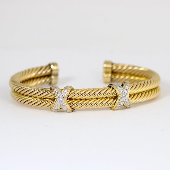 18k Yellow Gold Double Cable Row Diamond and Yellow Gold Cuff - Picture 1 of 3